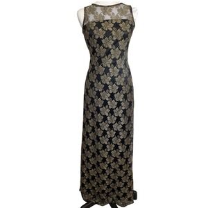 Rimini by Shaw Vintage Dress Black Gold Floral Lace Sheer Neck Sleeveless Maxi 6